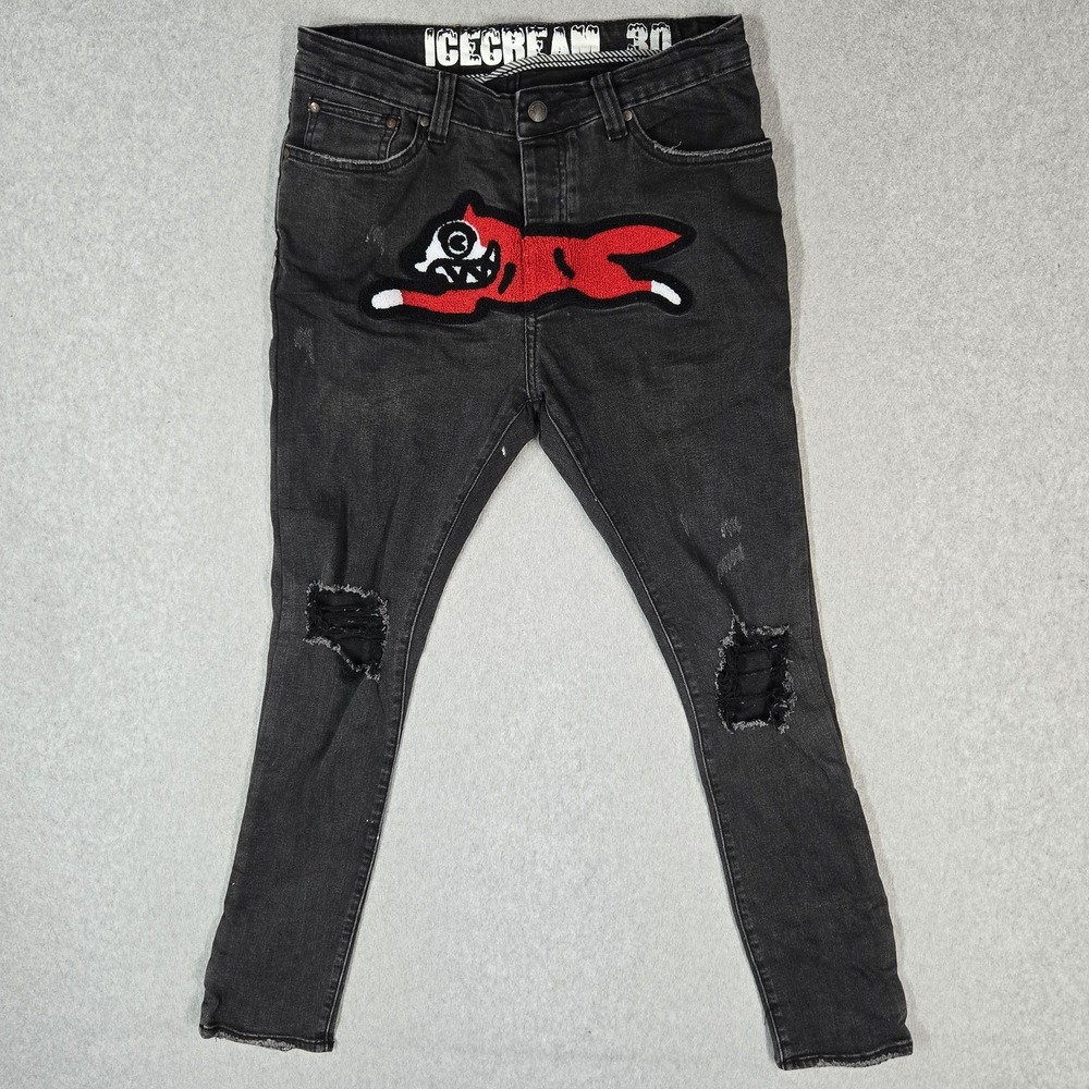 ICECREAM Men Jeans 30 Black Denim Embroidered Running Red Dog Skinny 29" Inseam